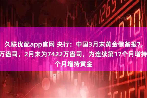 久联优配app官网 央行：中国3月末黄金储备报7,438万盎司，2月末为7422万盎司，为连续第17个月增持黄金